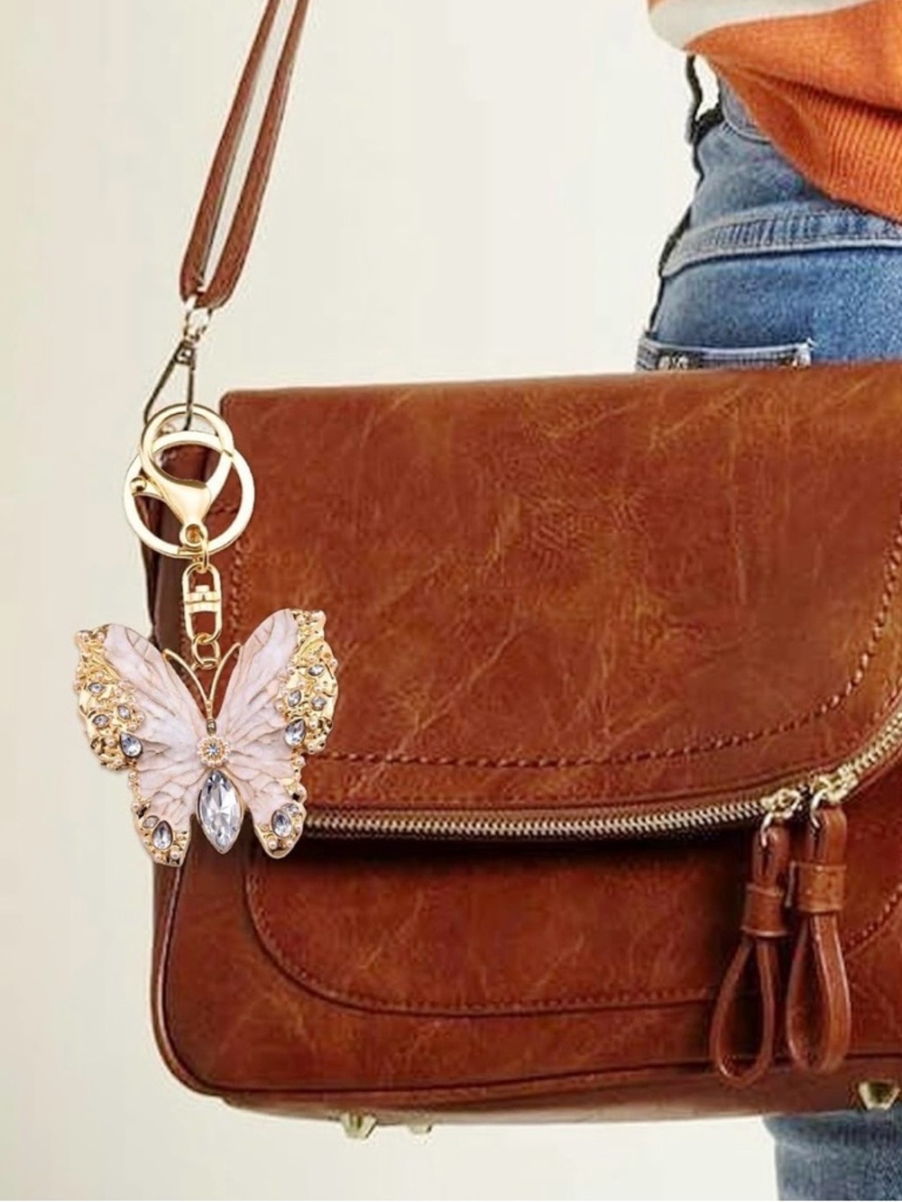 Blush Pink Crystal & Pearl Butterfly Bag Charm/Keychain - Picture 3 of 4